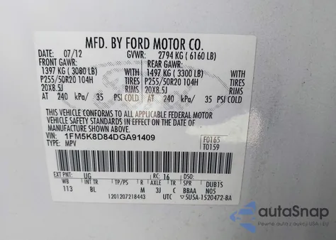 2013 Ford Explorer Xlt z USA, uszkodzony, nr VIN 1FM5K8D84DGA91409